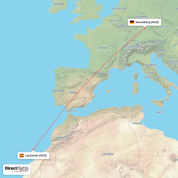 Lanzarote - Nuremberg direct flight map