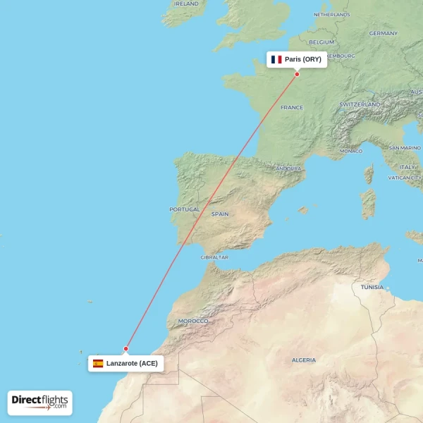 Lanzarote - Paris direct flight map