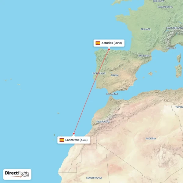Lanzarote - Asturias direct flight map