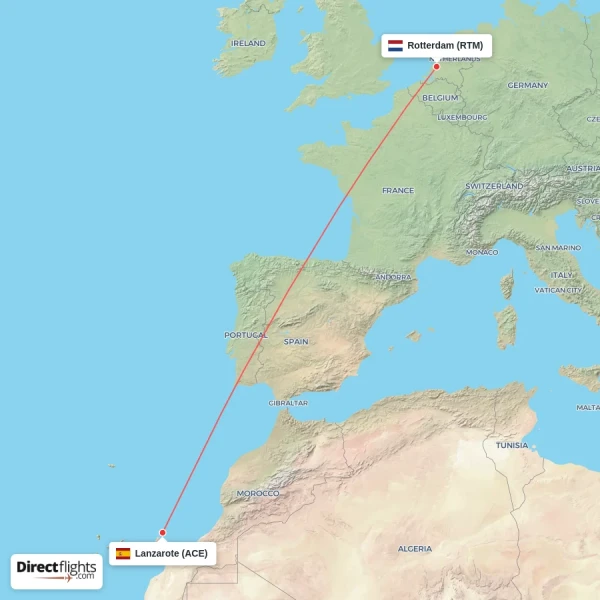 Lanzarote - Rotterdam direct flight map