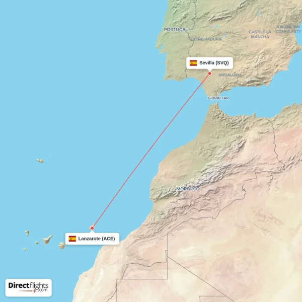 Lanzarote - Sevilla direct flight map
