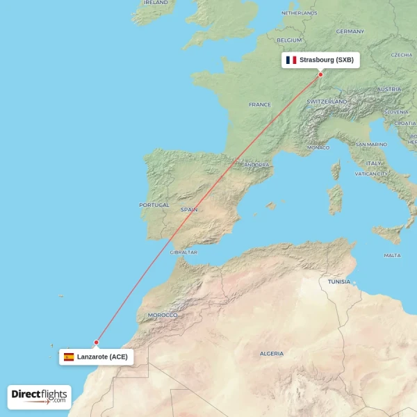 Lanzarote - Strasbourg direct flight map