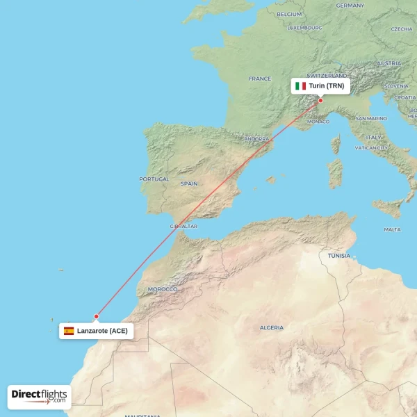 Lanzarote - Turin direct flight map