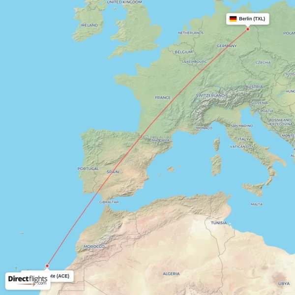 Lanzarote - Berlin direct flight map
