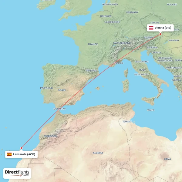 Lanzarote - Vienna direct flight map