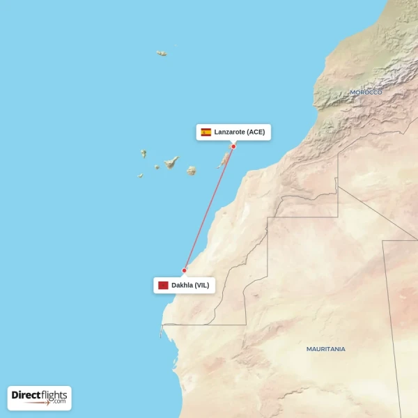 Lanzarote - Dakhla direct flight map