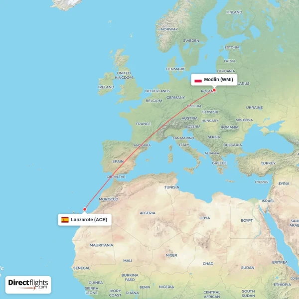 Lanzarote - Modlin direct flight map