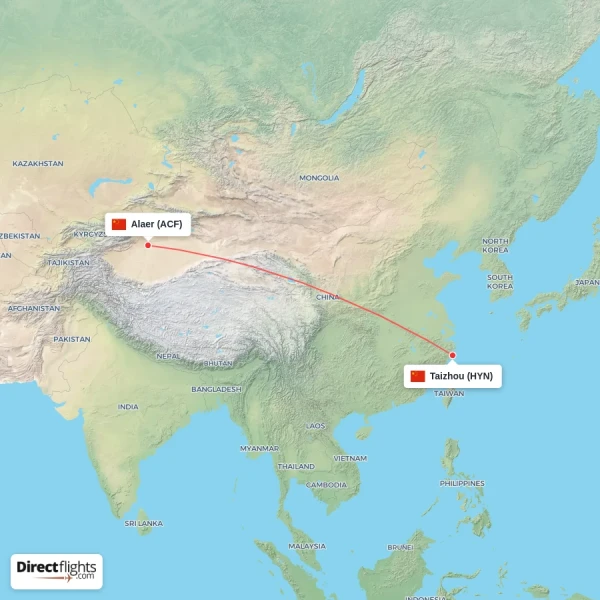 Alaer - Taizhou direct flight map