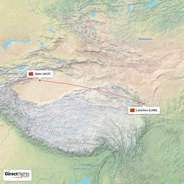 Alaer - Lanzhou direct flight map