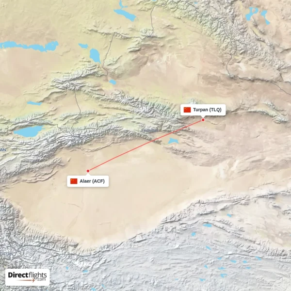 Alaer - Turpan direct flight map