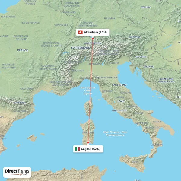 Altenrhein - Cagliari direct flight map