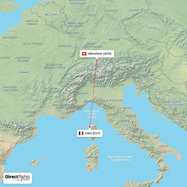 Altenrhein - Calvi direct flight map