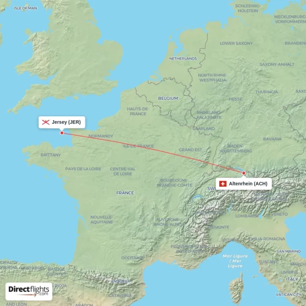 Altenrhein - Jersey direct flight map