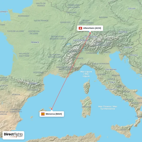 Altenrhein - Menorca direct flight map