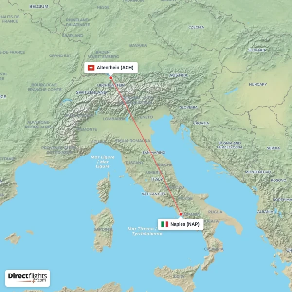 Altenrhein - Naples direct flight map