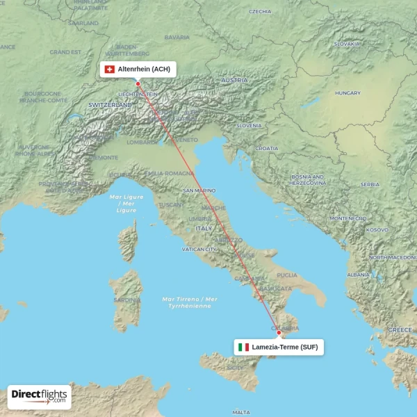 Altenrhein - Lamezia-Terme direct flight map