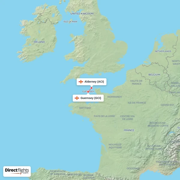 Alderney - Guernsey direct flight map