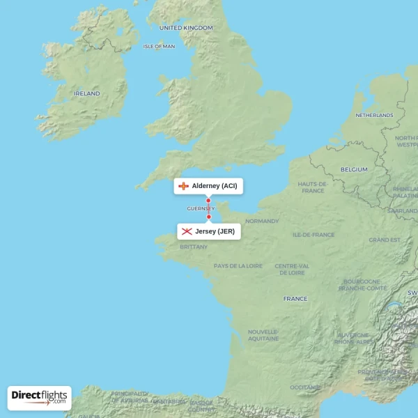 Alderney - Jersey direct flight map