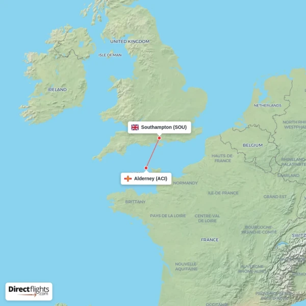 Alderney - Southampton direct flight map