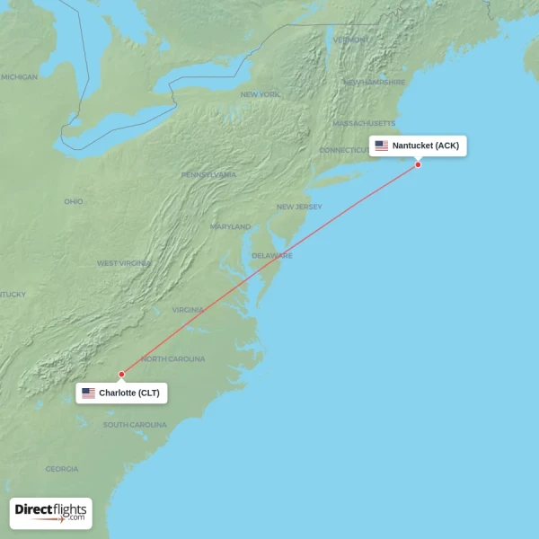 Nantucket - Charlotte direct flight map