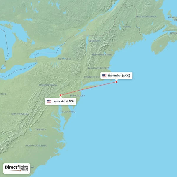 Nantucket - Lancaster direct flight map