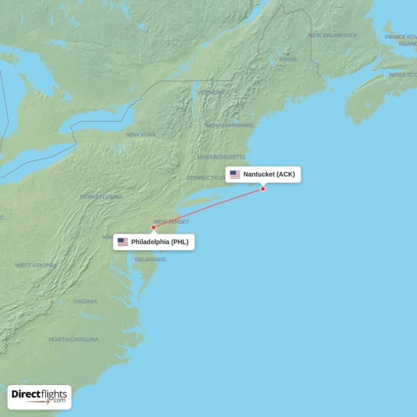 Nantucket - Philadelphia direct flight map