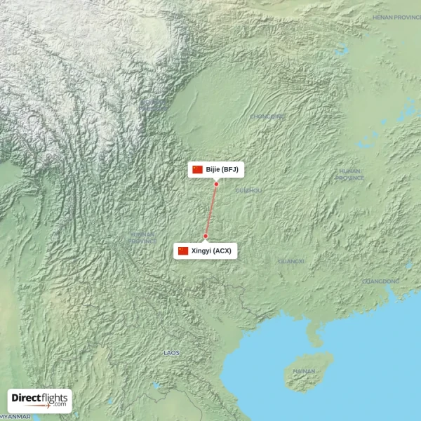 Xingyi - Bijie direct flight map