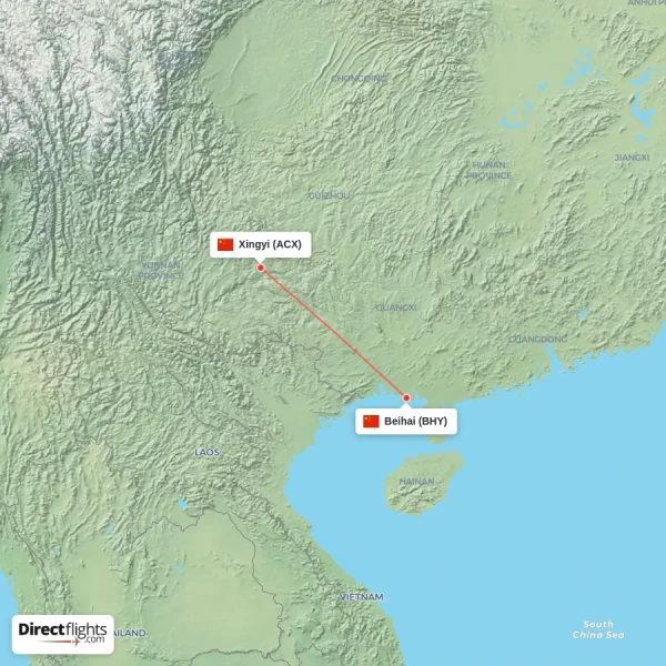 Xingyi - Beihai direct flight map