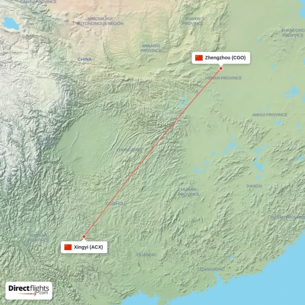 Xingyi - Zhengzhou direct flight map