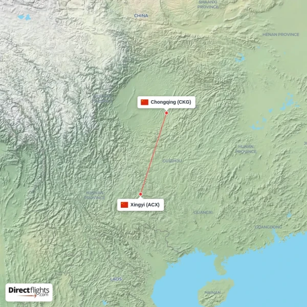 Xingyi - Chongqing direct flight map