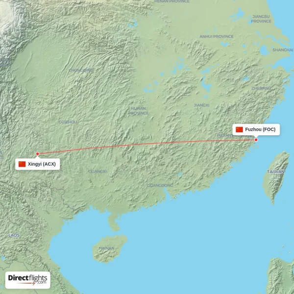 Xingyi - Fuzhou direct flight map