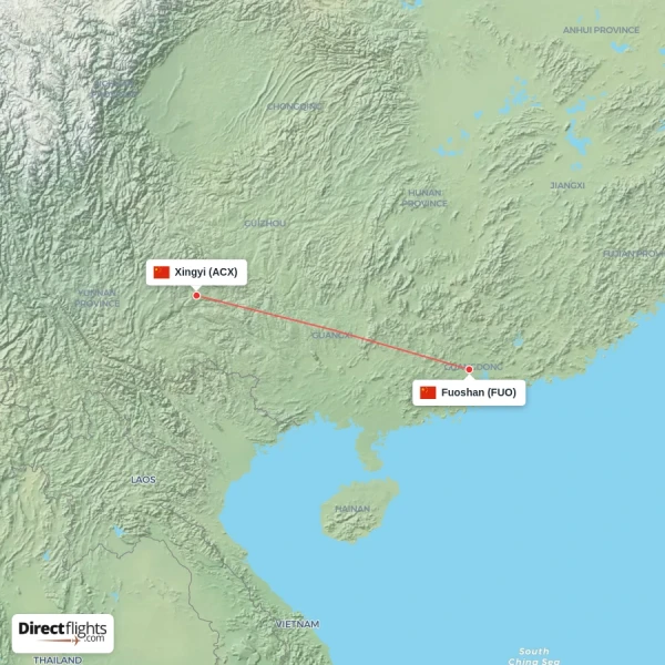 Xingyi - Fuoshan direct flight map
