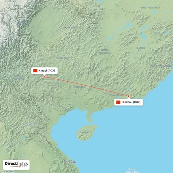 Xingyi - Huizhou direct flight map