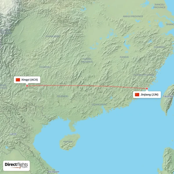 Xingyi - Jinjiang direct flight map