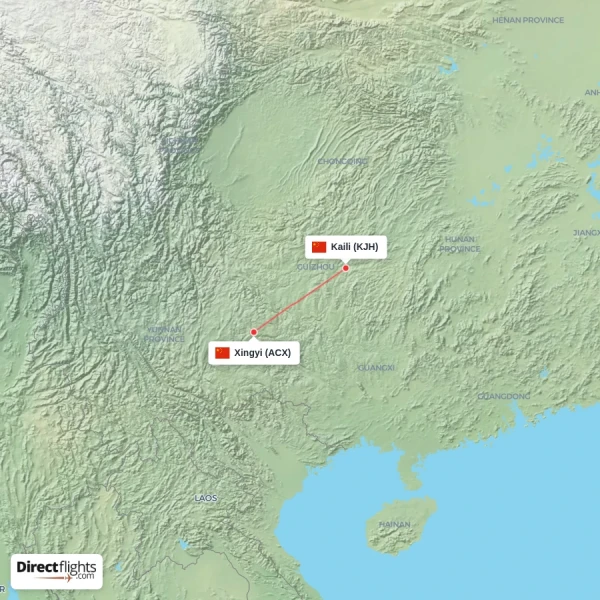 Xingyi - Kaili direct flight map