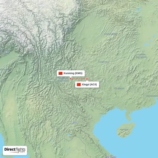 Xingyi - Kunming direct flight map
