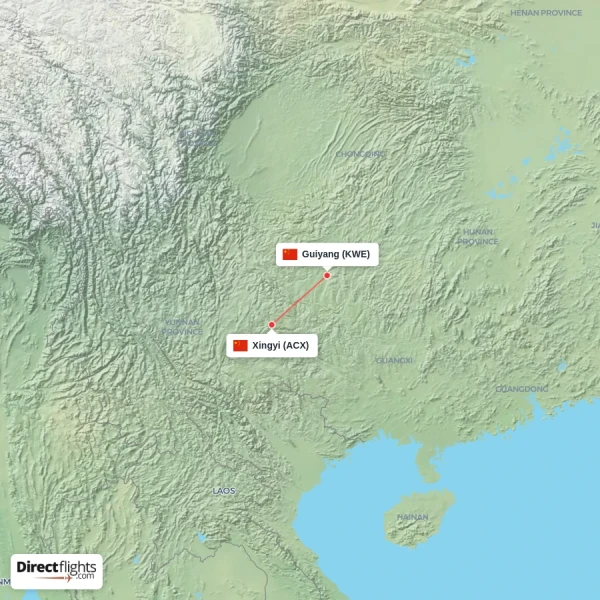 Xingyi - Guiyang direct flight map