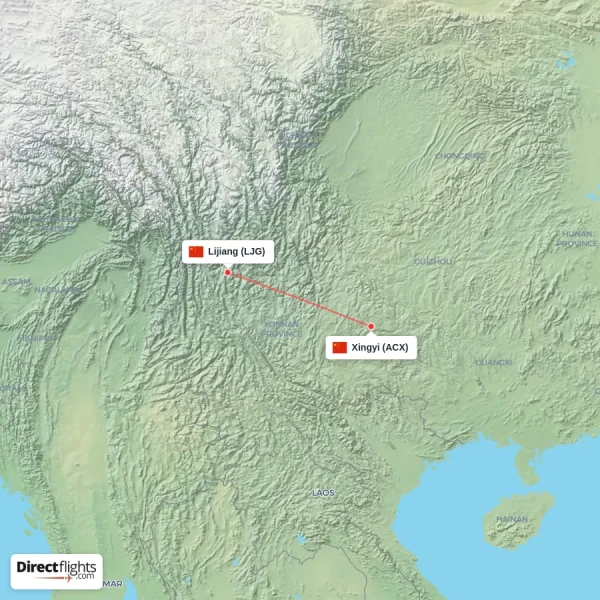 Xingyi - Lijiang direct flight map