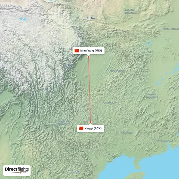 Xingyi - Mian Yang direct flight map