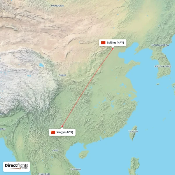 Xingyi - Beijing direct flight map