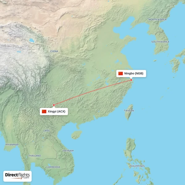 Xingyi - Ningbo direct flight map