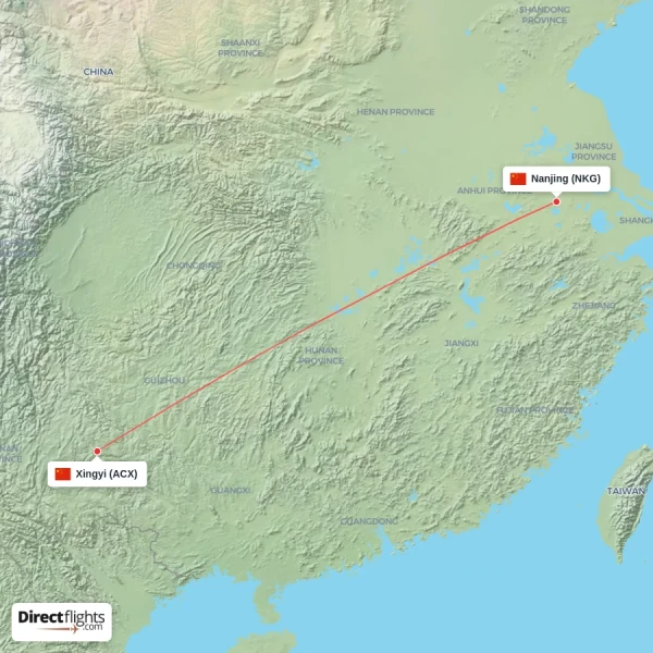 Xingyi - Nanjing direct flight map