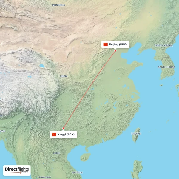 Xingyi - Beijing direct flight map