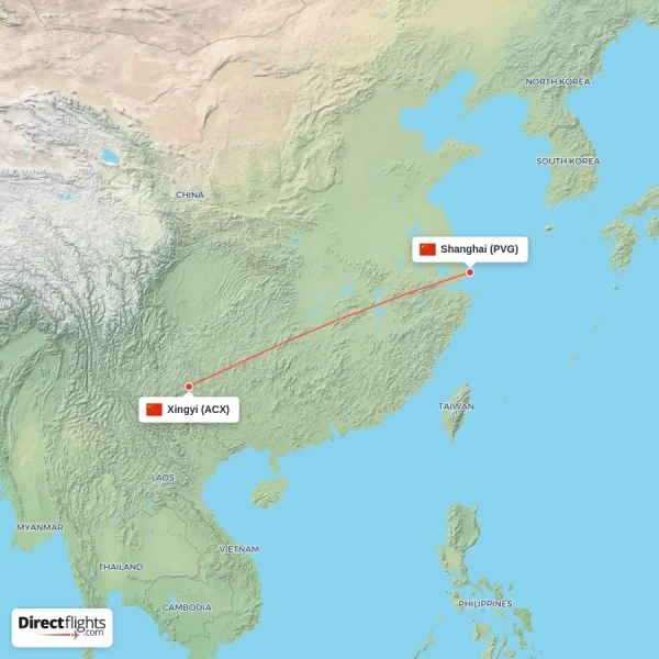 Xingyi - Shanghai direct flight map