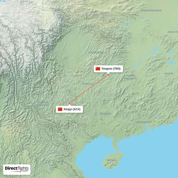 Xingyi - Tongren direct flight map