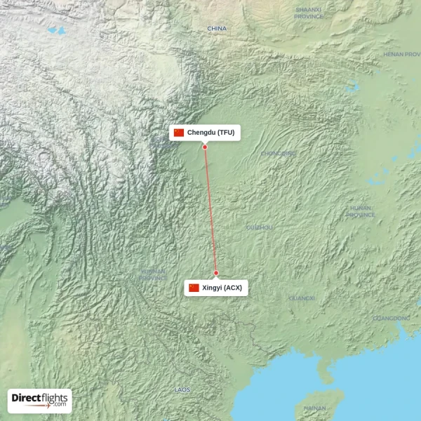 Xingyi - Chengdu direct flight map