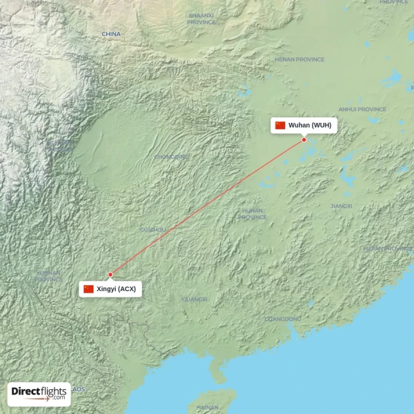 Xingyi - Wuhan direct flight map