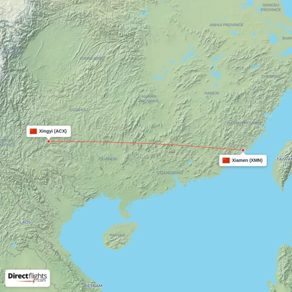 Xingyi - Xiamen direct flight map