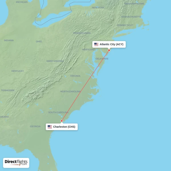 Atlantic City - Charleston direct flight map