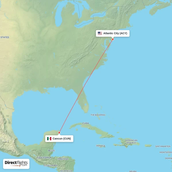 Atlantic City - Cancun direct flight map